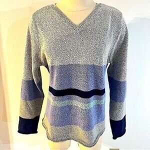 J Jill Petite Medium‎ Textured V Neck Sweater Blue Gray Striped Cozy Pullover